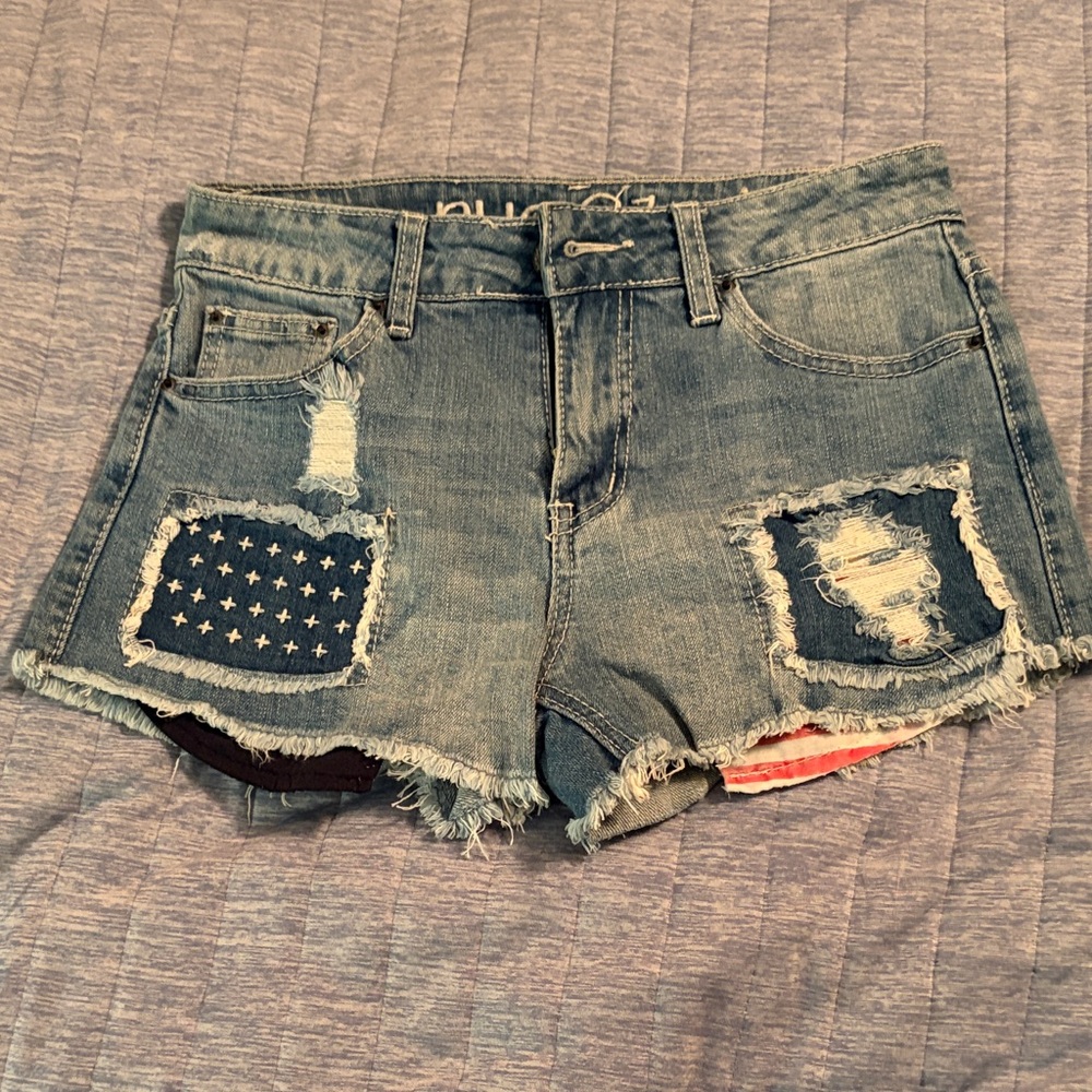 Rue21 Distressed Denim Shorts with Flag Patch Accents - Blue